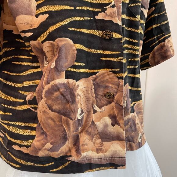 Vintage 80s Safari Style Blouse Cotton Size Medium/Large Elephants Animal Print - Picture 3 of 7